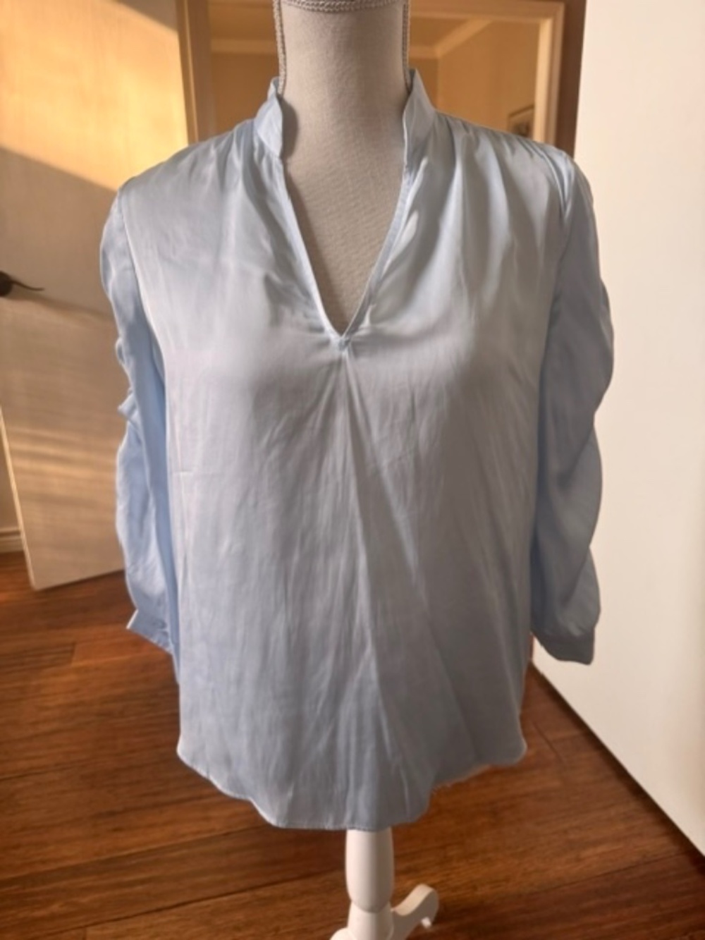 WHBM Light Blue Satin V-neck Ruched Long Sleeve Blouse - Size SP